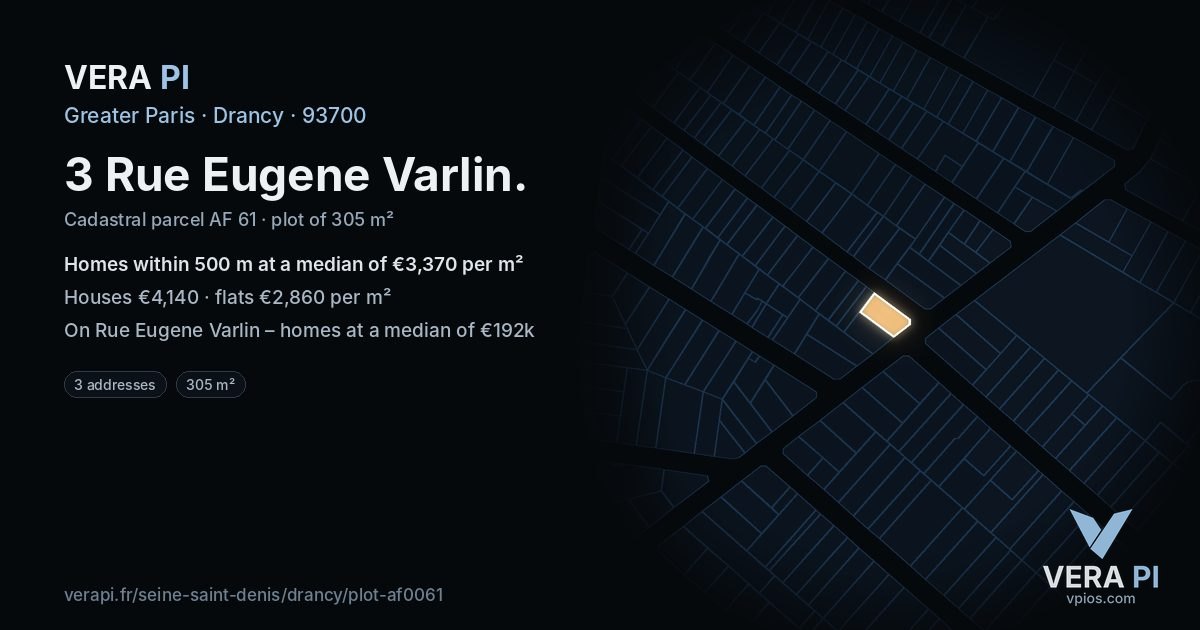 3 Rue Eugene Varlin, Drancy at night – the plot lit, the parcels around coloured by the prices near them