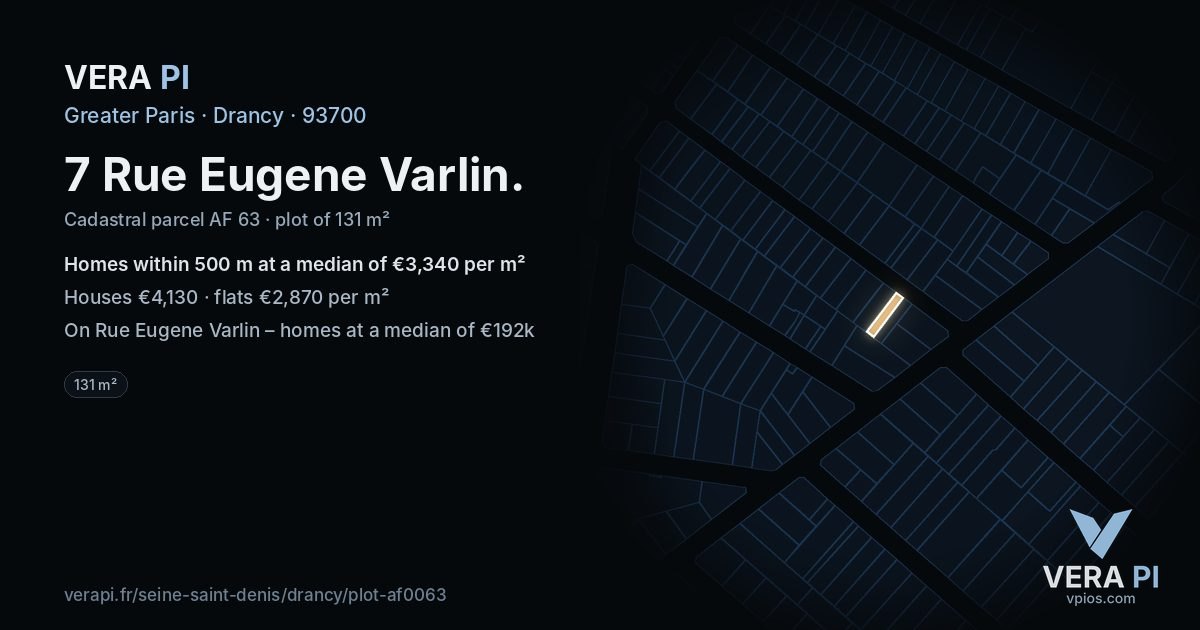 7 Rue Eugene Varlin, Drancy at night – the plot lit, the parcels around coloured by the prices near them