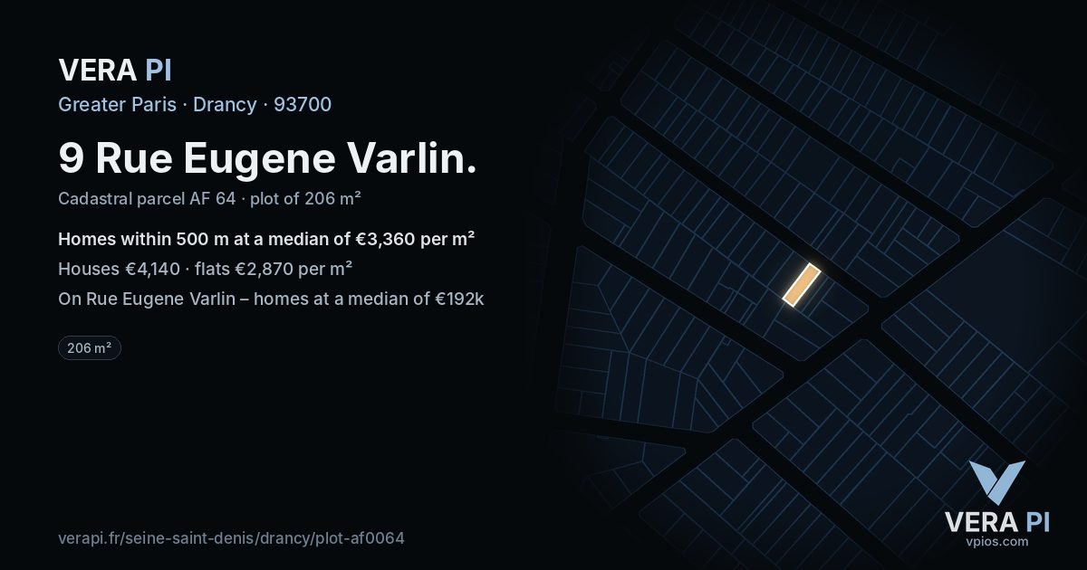 9 Rue Eugene Varlin, Drancy at night – the plot lit, the parcels around coloured by the prices near them