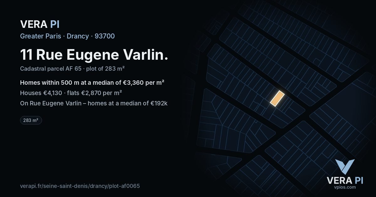 11 Rue Eugene Varlin, Drancy at night – the plot lit, the parcels around coloured by the prices near them