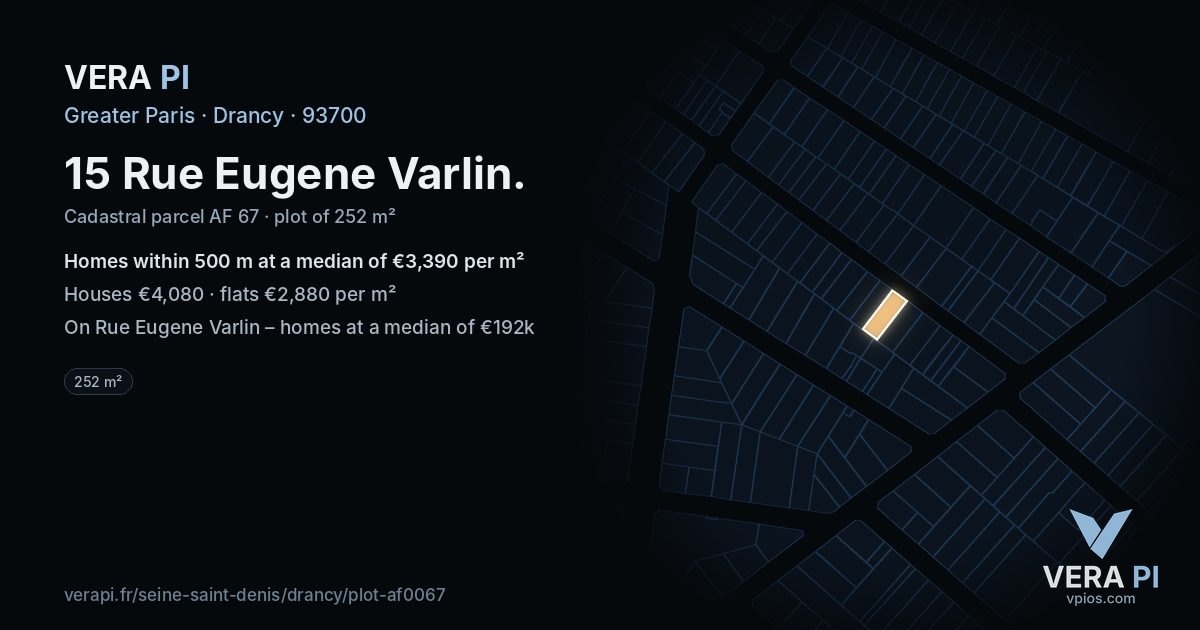 15 Rue Eugene Varlin, Drancy at night – the plot lit, the parcels around coloured by the prices near them