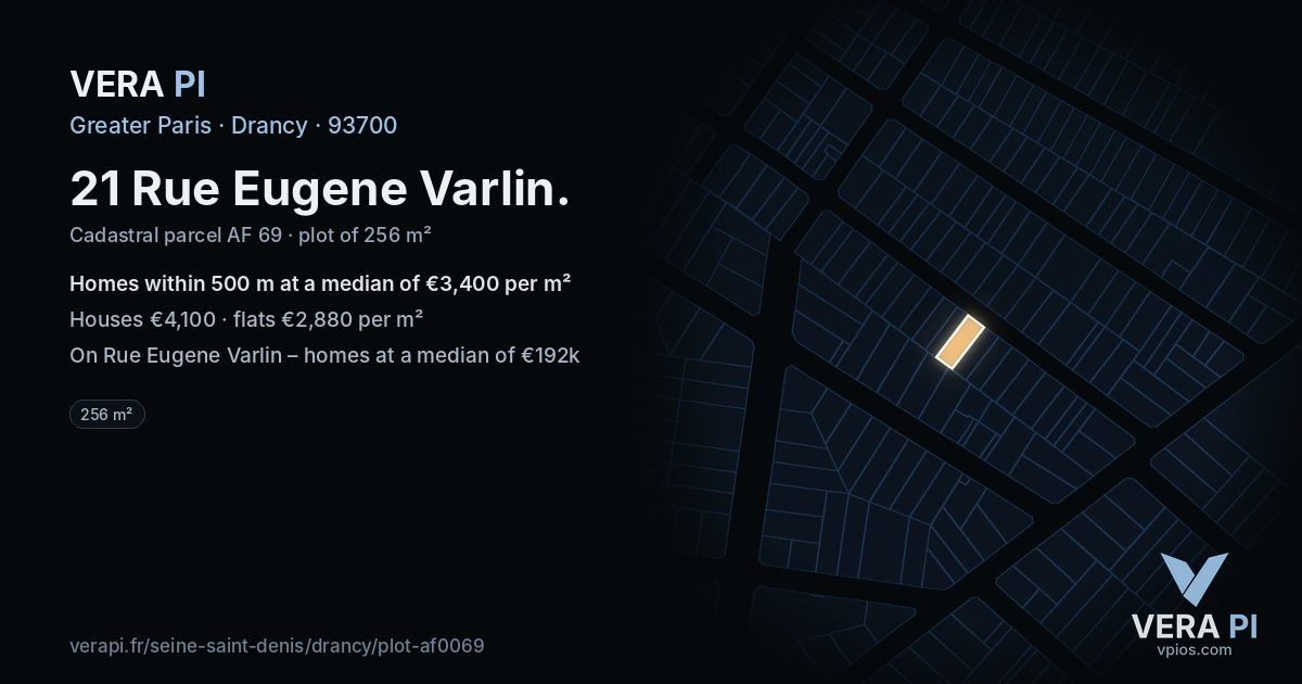 21 Rue Eugene Varlin, Drancy at night – the plot lit, the parcels around coloured by the prices near them