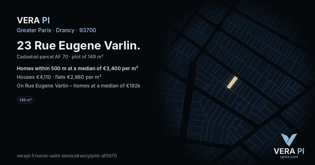 23 Rue Eugene Varlin, Drancy at night – the plot lit, the parcels around coloured by the prices near them