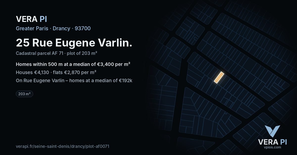 25 Rue Eugene Varlin, Drancy at night – the plot lit, the parcels around coloured by the prices near them