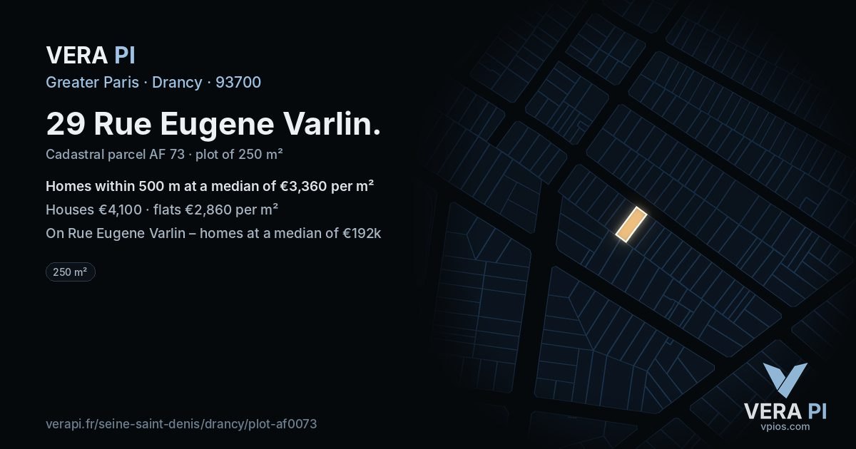 29 Rue Eugene Varlin, Drancy at night – the plot lit, the parcels around coloured by the prices near them