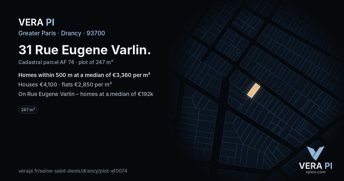 31 Rue Eugene Varlin, Drancy at night – the plot lit, the parcels around coloured by the prices near them