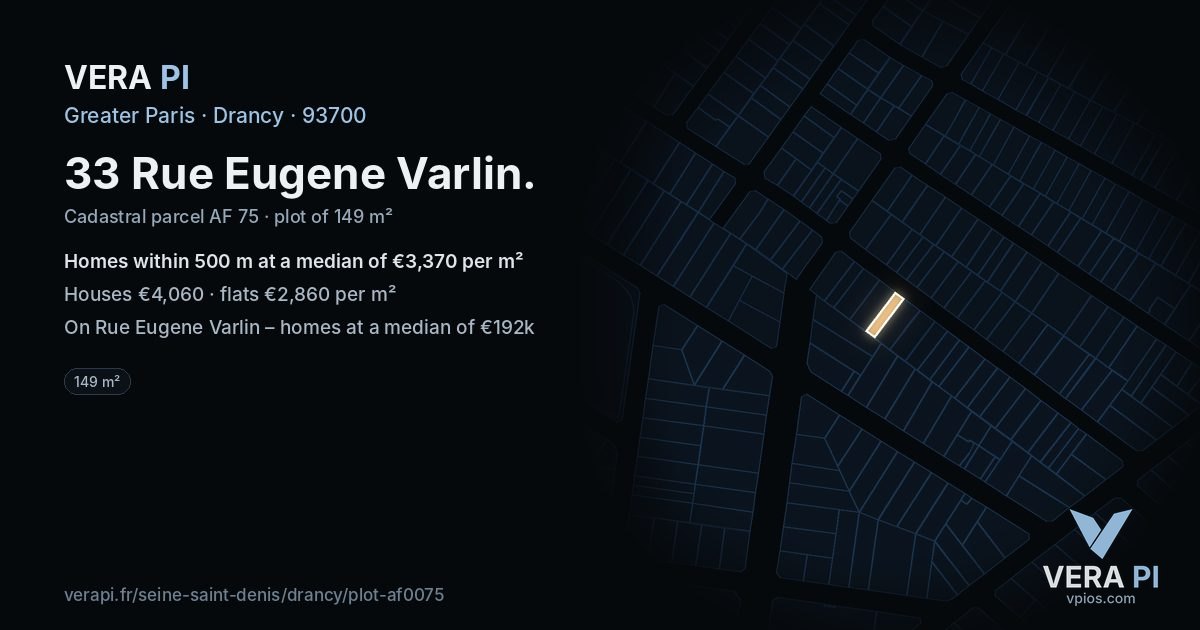 33 Rue Eugene Varlin, Drancy at night – the plot lit, the parcels around coloured by the prices near them