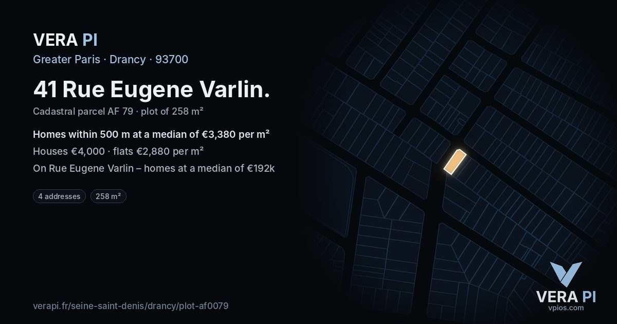 41 Rue Eugene Varlin, Drancy at night – the plot lit, the parcels around coloured by the prices near them