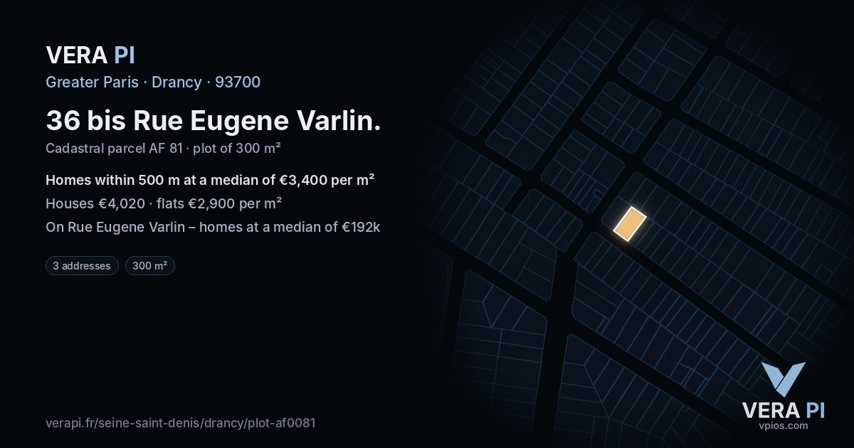 36 bis Rue Eugene Varlin, Drancy at night – the plot lit, the parcels around coloured by the prices near them