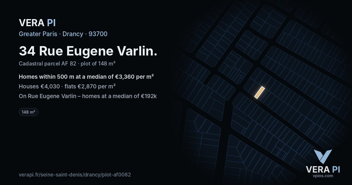 34 Rue Eugene Varlin, Drancy at night – the plot lit, the parcels around coloured by the prices near them