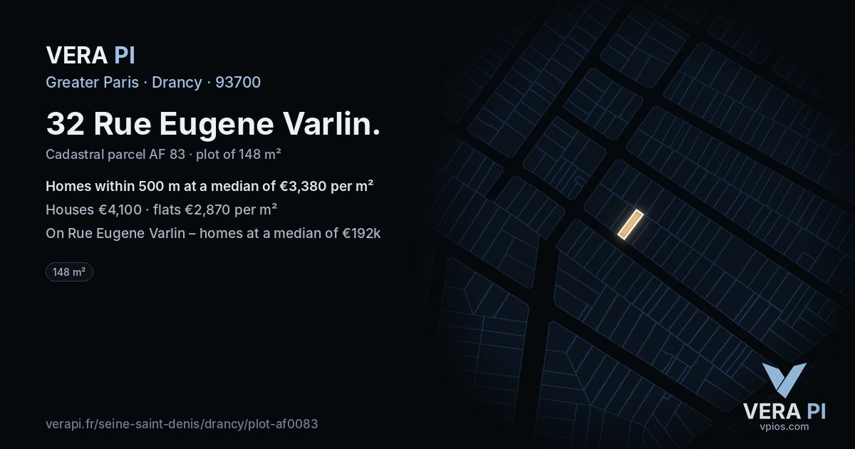 32 Rue Eugene Varlin, Drancy at night – the plot lit, the parcels around coloured by the prices near them