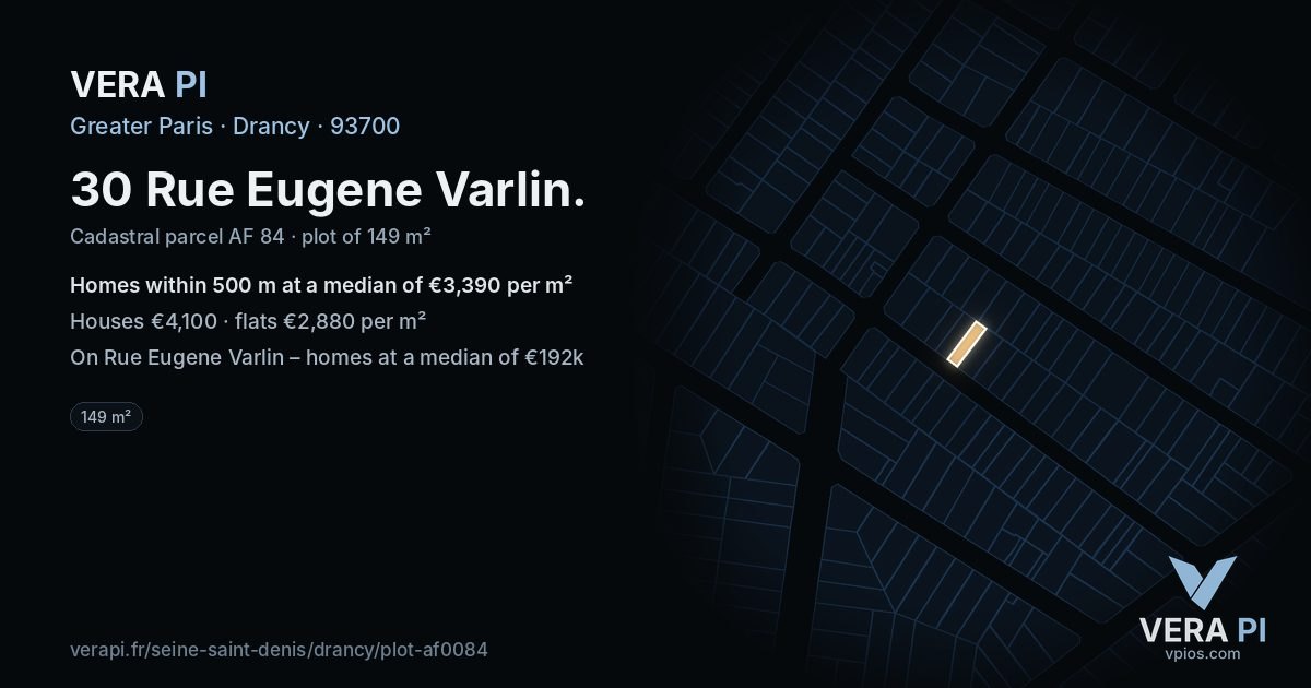 30 Rue Eugene Varlin, Drancy at night – the plot lit, the parcels around coloured by the prices near them