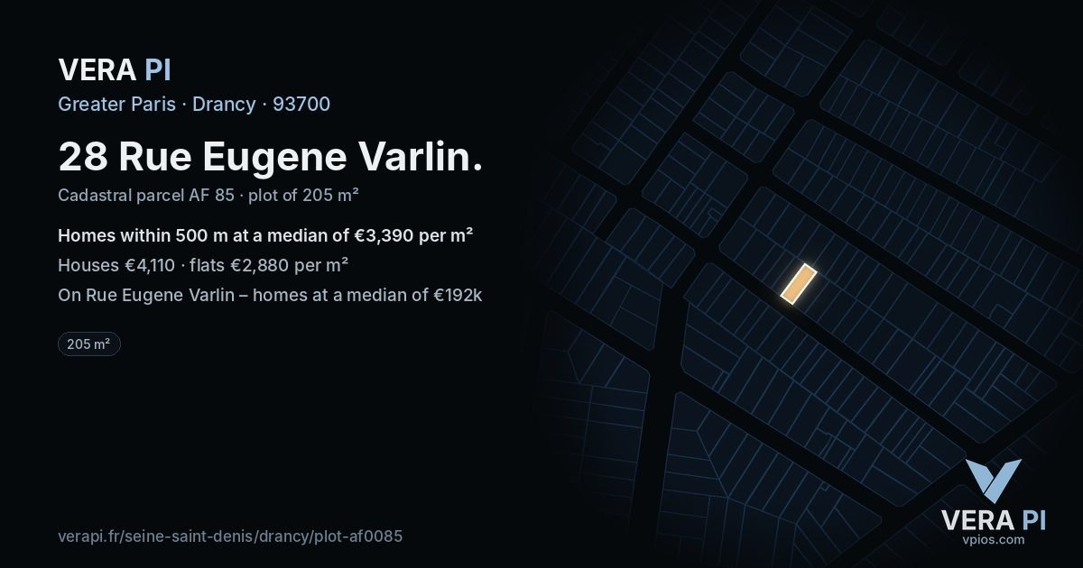 28 Rue Eugene Varlin, Drancy at night – the plot lit, the parcels around coloured by the prices near them