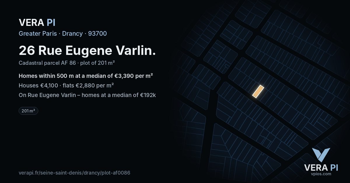 26 Rue Eugene Varlin, Drancy at night – the plot lit, the parcels around coloured by the prices near them