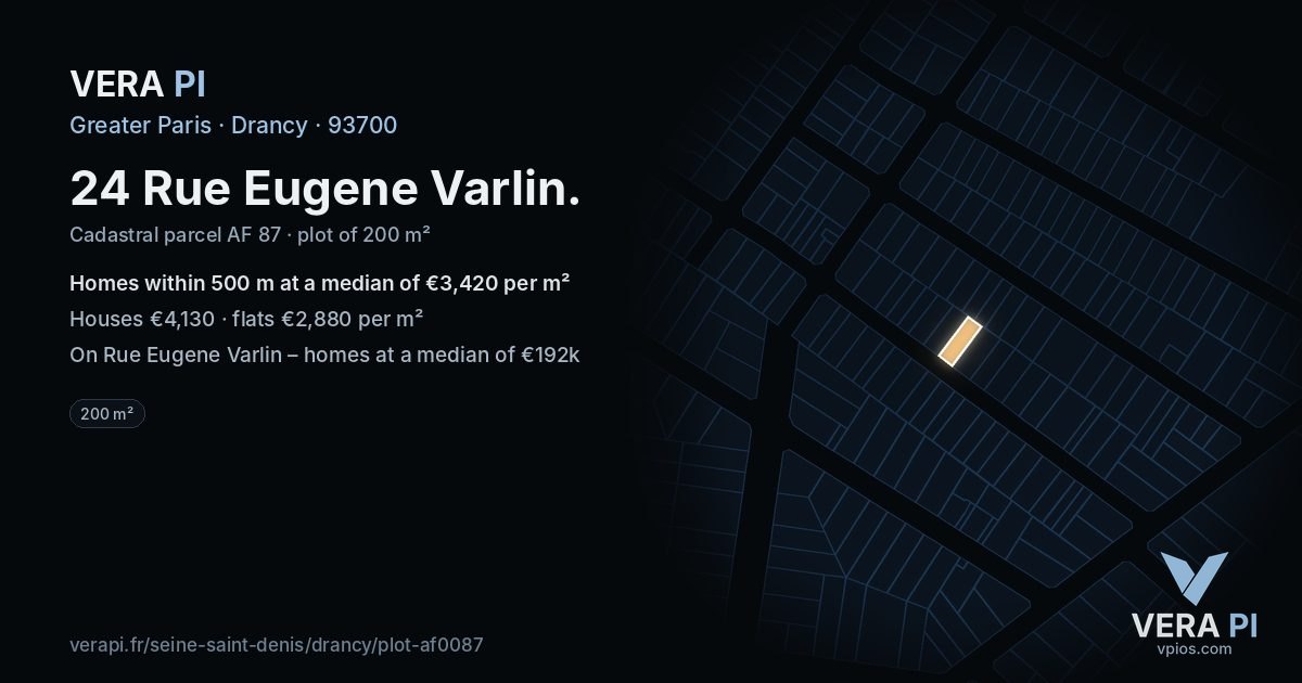 24 Rue Eugene Varlin, Drancy at night – the plot lit, the parcels around coloured by the prices near them