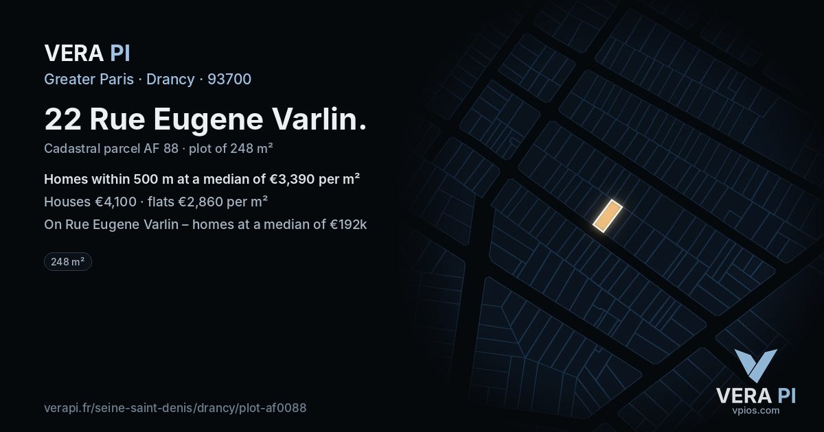 22 Rue Eugene Varlin, Drancy at night – the plot lit, the parcels around coloured by the prices near them