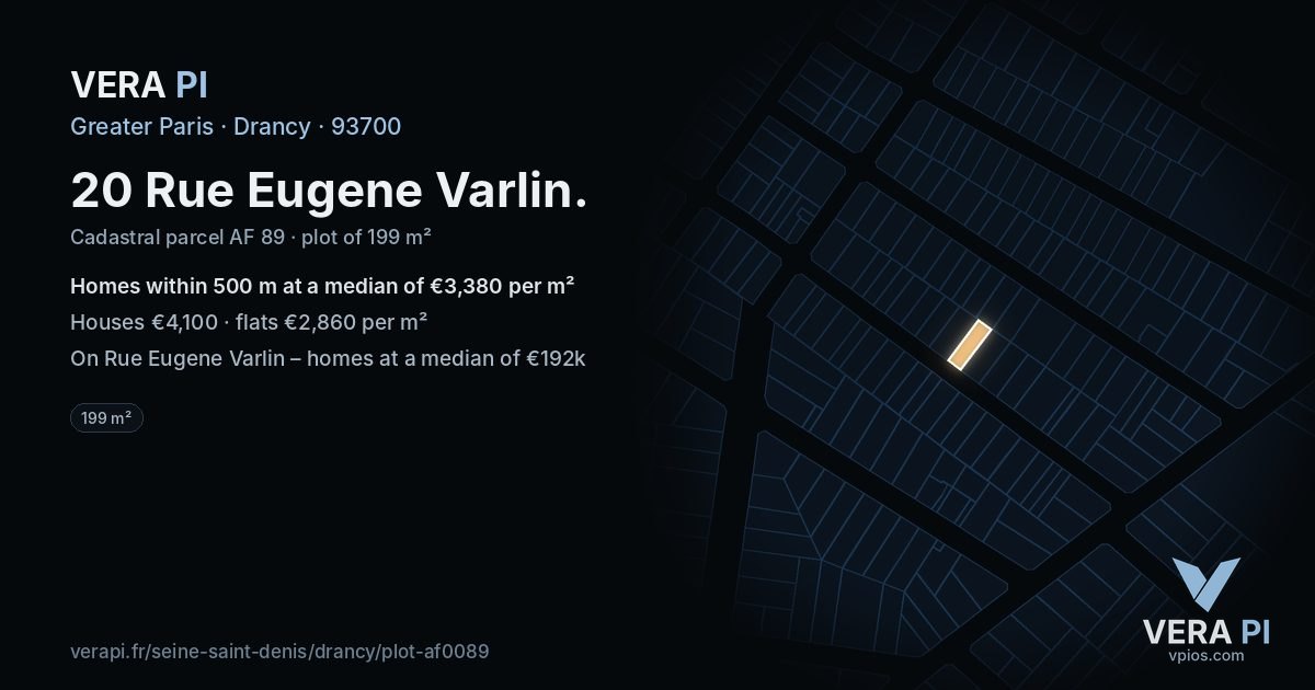 20 Rue Eugene Varlin, Drancy at night – the plot lit, the parcels around coloured by the prices near them