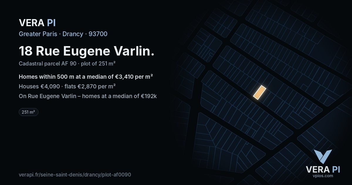 18 Rue Eugene Varlin, Drancy at night – the plot lit, the parcels around coloured by the prices near them