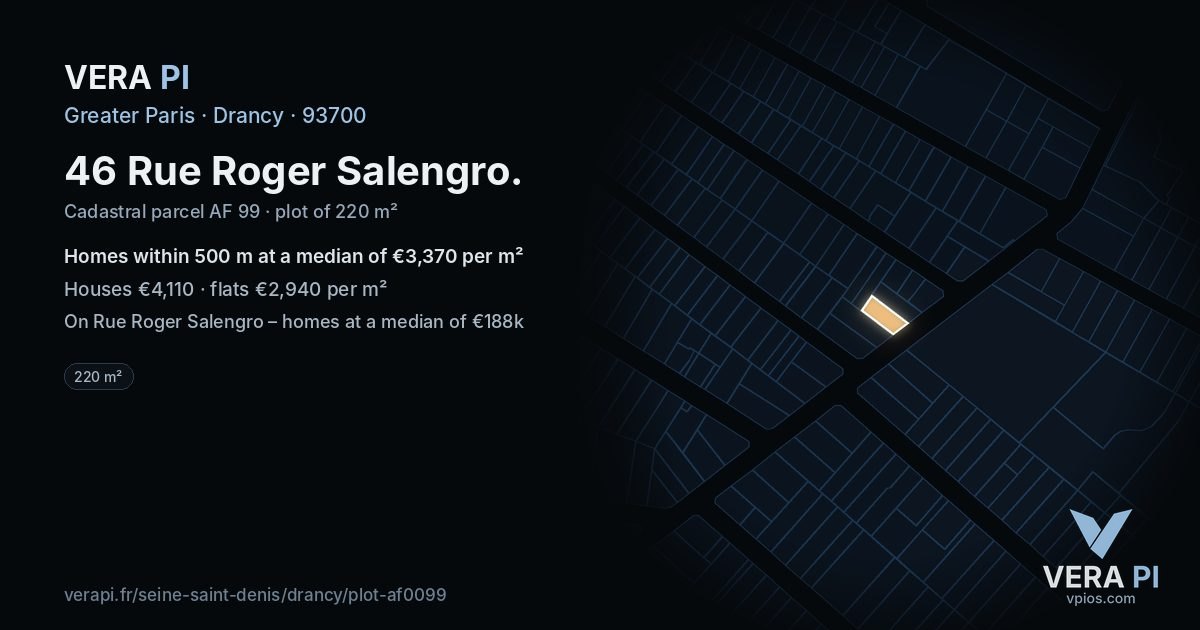 46 Rue Roger Salengro, Drancy at night – the plot lit, the parcels around coloured by the prices near them