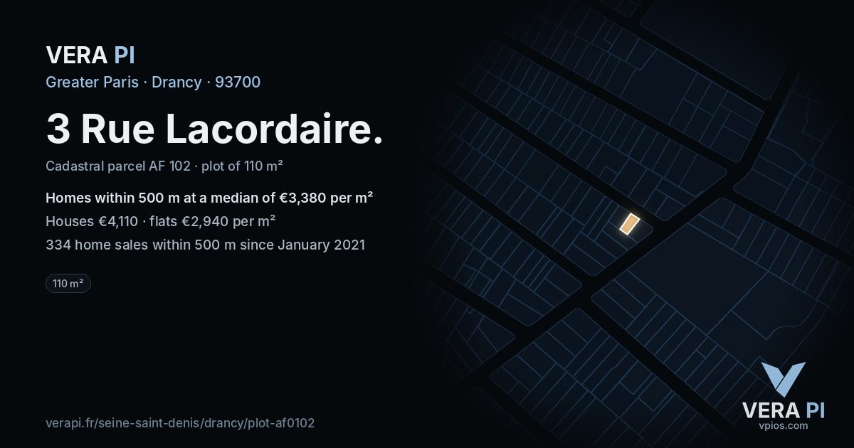 3 Rue Lacordaire, Drancy at night – the plot lit, the parcels around coloured by the prices near them