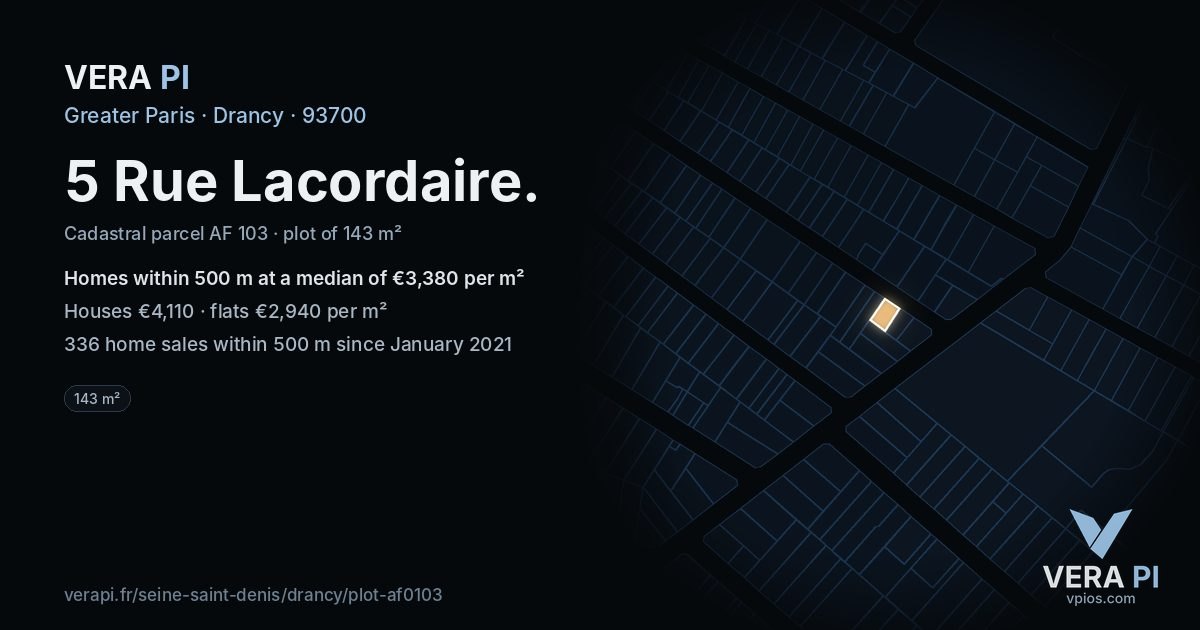 5 Rue Lacordaire, Drancy at night – the plot lit, the parcels around coloured by the prices near them