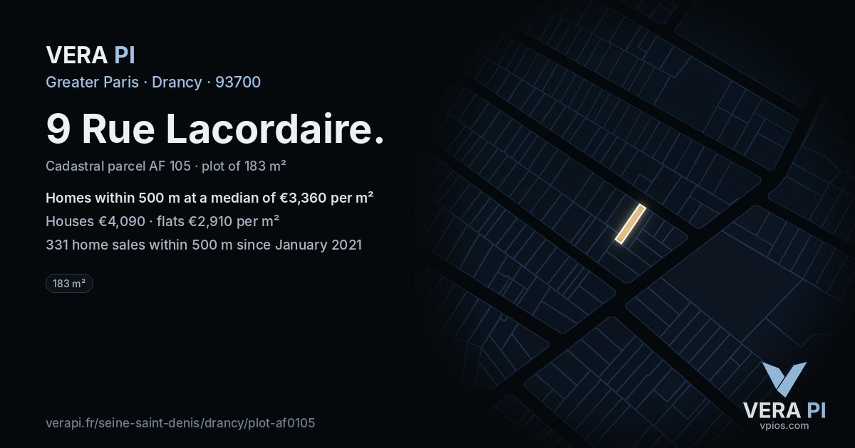 9 Rue Lacordaire, Drancy at night – the plot lit, the parcels around coloured by the prices near them