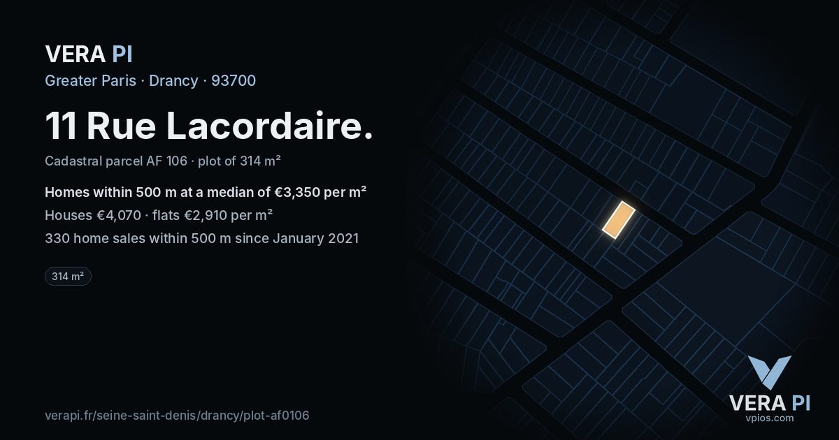 11 Rue Lacordaire, Drancy at night – the plot lit, the parcels around coloured by the prices near them