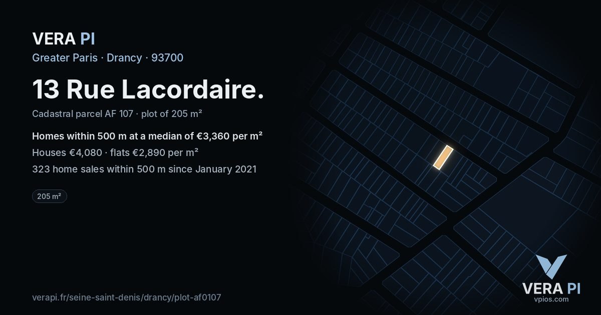 13 Rue Lacordaire, Drancy at night – the plot lit, the parcels around coloured by the prices near them