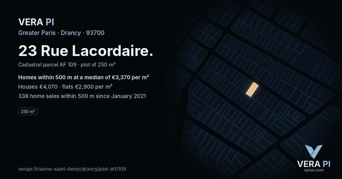 23 Rue Lacordaire, Drancy at night – the plot lit, the parcels around coloured by the prices near them