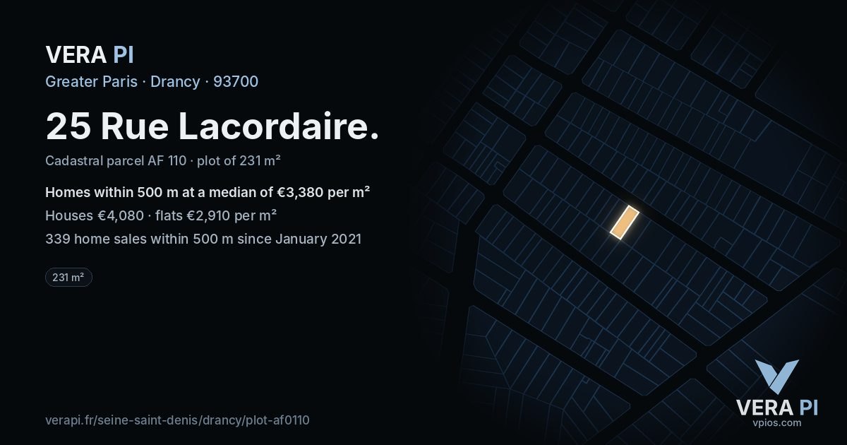 25 Rue Lacordaire, Drancy at night – the plot lit, the parcels around coloured by the prices near them
