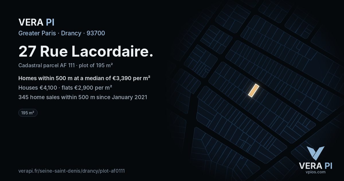 27 Rue Lacordaire, Drancy at night – the plot lit, the parcels around coloured by the prices near them