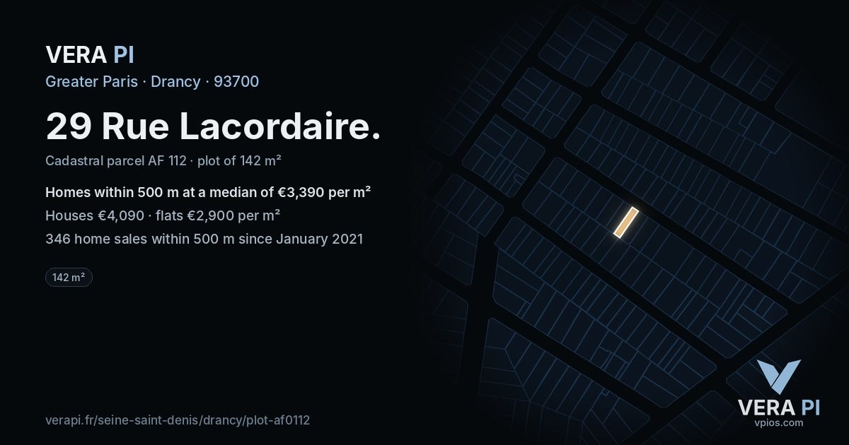 29 Rue Lacordaire, Drancy at night – the plot lit, the parcels around coloured by the prices near them