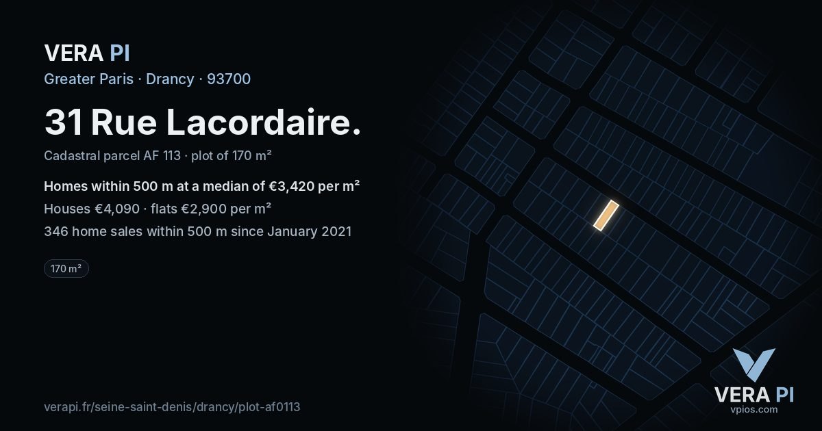 31 Rue Lacordaire, Drancy at night – the plot lit, the parcels around coloured by the prices near them