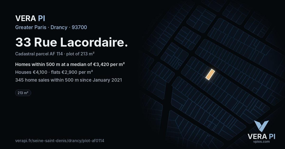 33 Rue Lacordaire, Drancy at night – the plot lit, the parcels around coloured by the prices near them