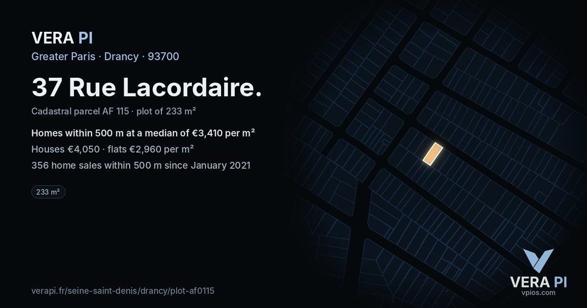 37 Rue Lacordaire, Drancy at night – the plot lit, the parcels around coloured by the prices near them