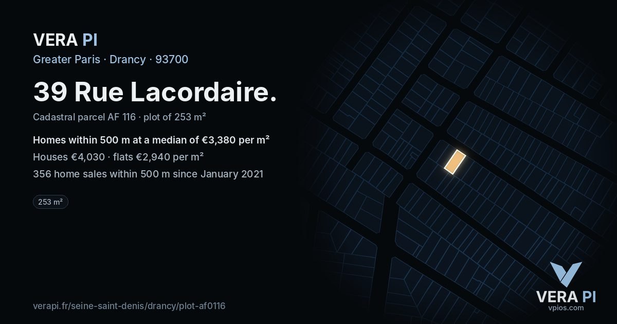 39 Rue Lacordaire, Drancy at night – the plot lit, the parcels around coloured by the prices near them