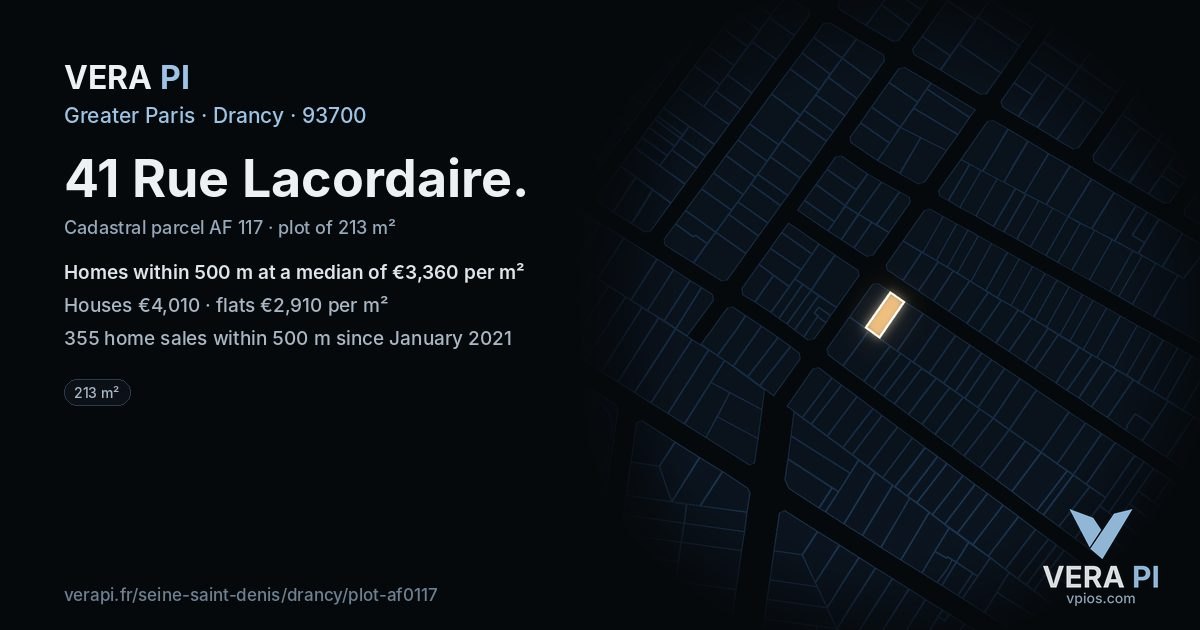 41 Rue Lacordaire, Drancy at night – the plot lit, the parcels around coloured by the prices near them