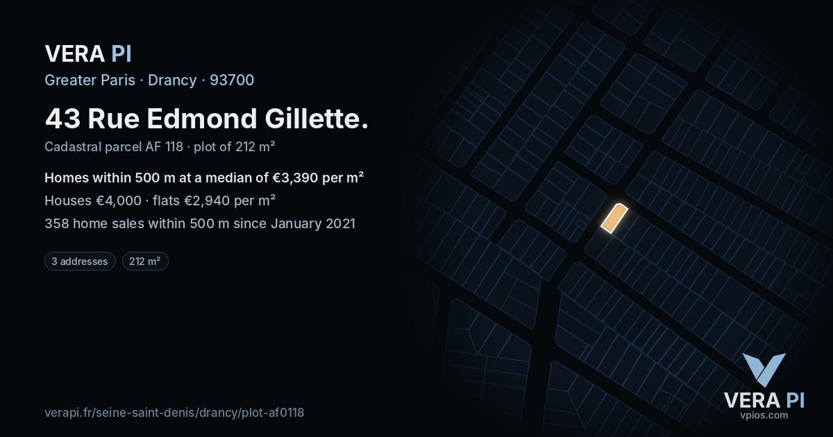 43 Rue Edmond Gillette, Drancy at night – the plot lit, the parcels around coloured by the prices near them