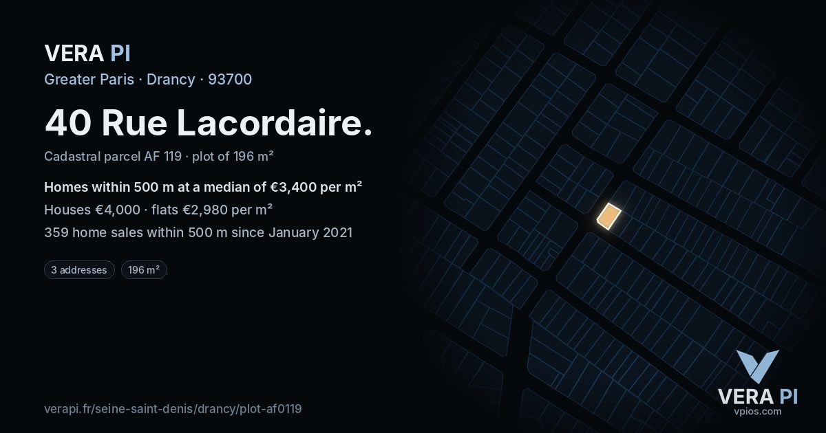 40 Rue Lacordaire, Drancy at night – the plot lit, the parcels around coloured by the prices near them
