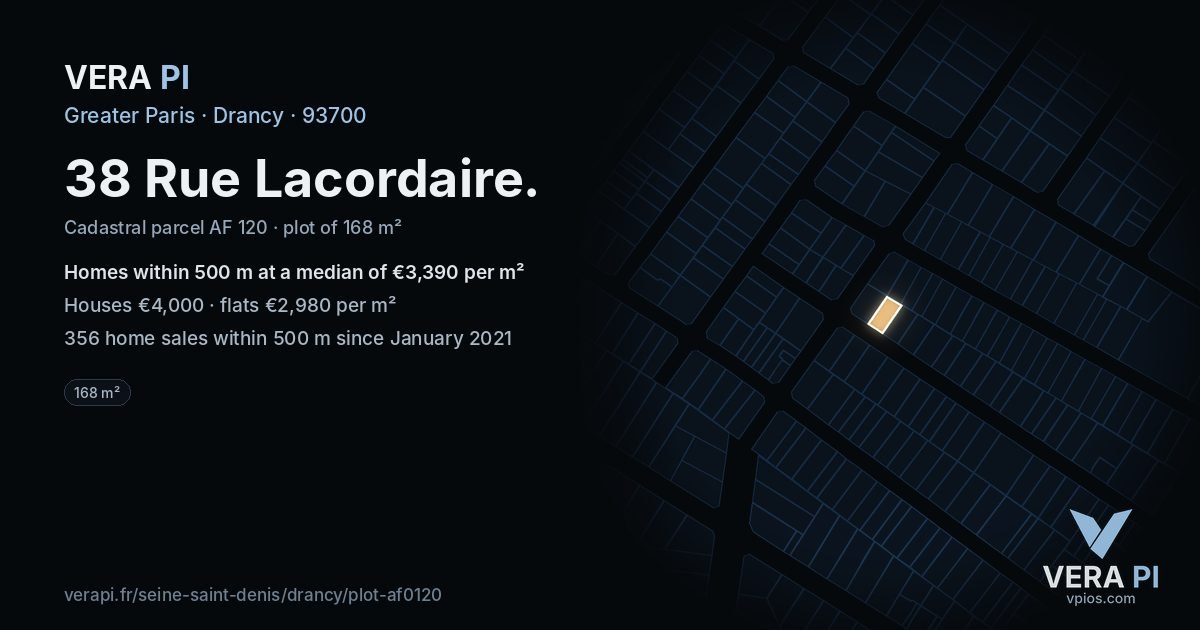 38 Rue Lacordaire, Drancy at night – the plot lit, the parcels around coloured by the prices near them