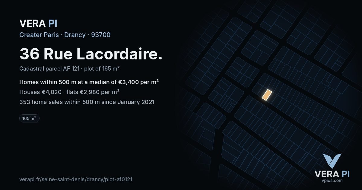 36 Rue Lacordaire, Drancy at night – the plot lit, the parcels around coloured by the prices near them