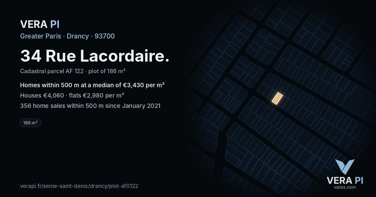 34 Rue Lacordaire, Drancy at night – the plot lit, the parcels around coloured by the prices near them