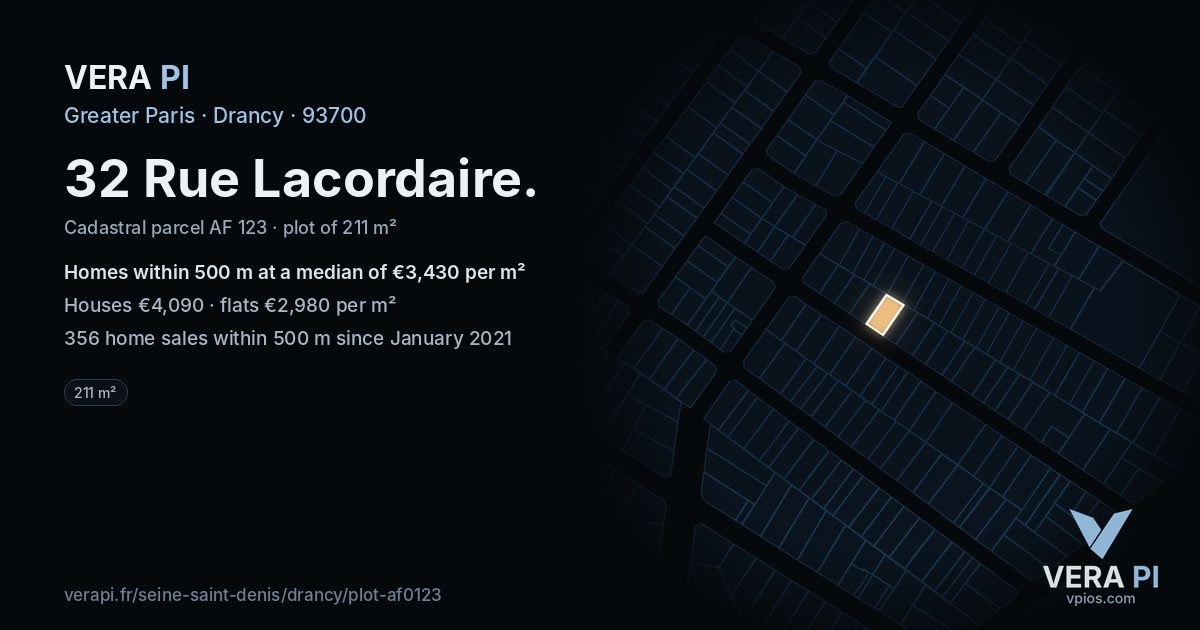 32 Rue Lacordaire, Drancy at night – the plot lit, the parcels around coloured by the prices near them