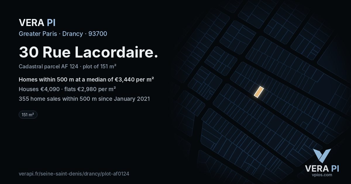 30 Rue Lacordaire, Drancy at night – the plot lit, the parcels around coloured by the prices near them