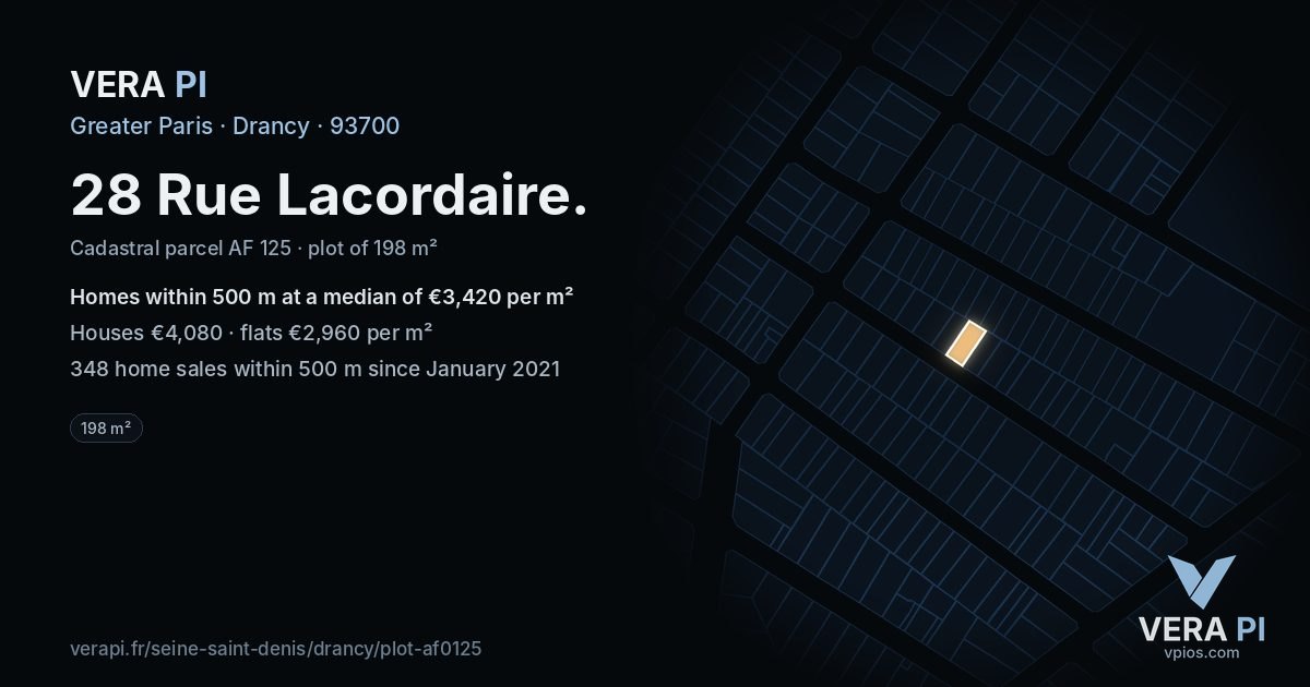 28 Rue Lacordaire, Drancy at night – the plot lit, the parcels around coloured by the prices near them