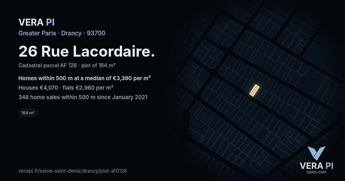 26 Rue Lacordaire, Drancy at night – the plot lit, the parcels around coloured by the prices near them