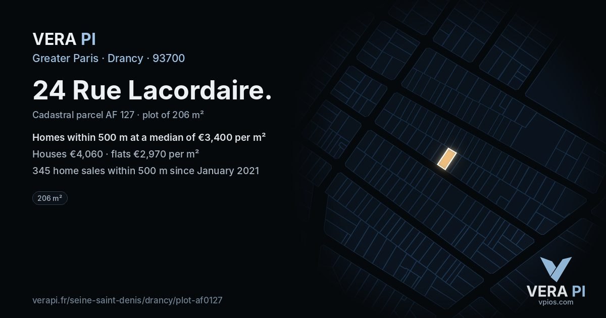 24 Rue Lacordaire, Drancy at night – the plot lit, the parcels around coloured by the prices near them