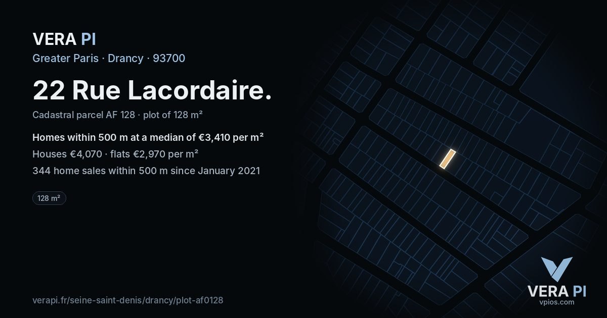 22 Rue Lacordaire, Drancy at night – the plot lit, the parcels around coloured by the prices near them