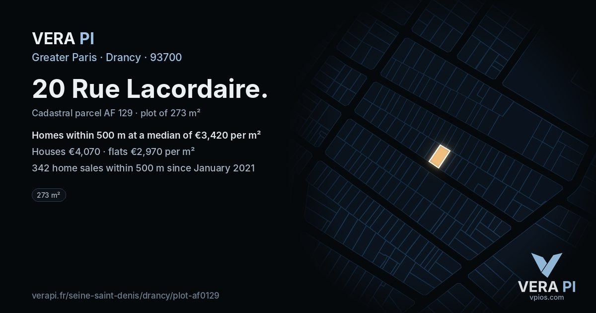 20 Rue Lacordaire, Drancy at night – the plot lit, the parcels around coloured by the prices near them