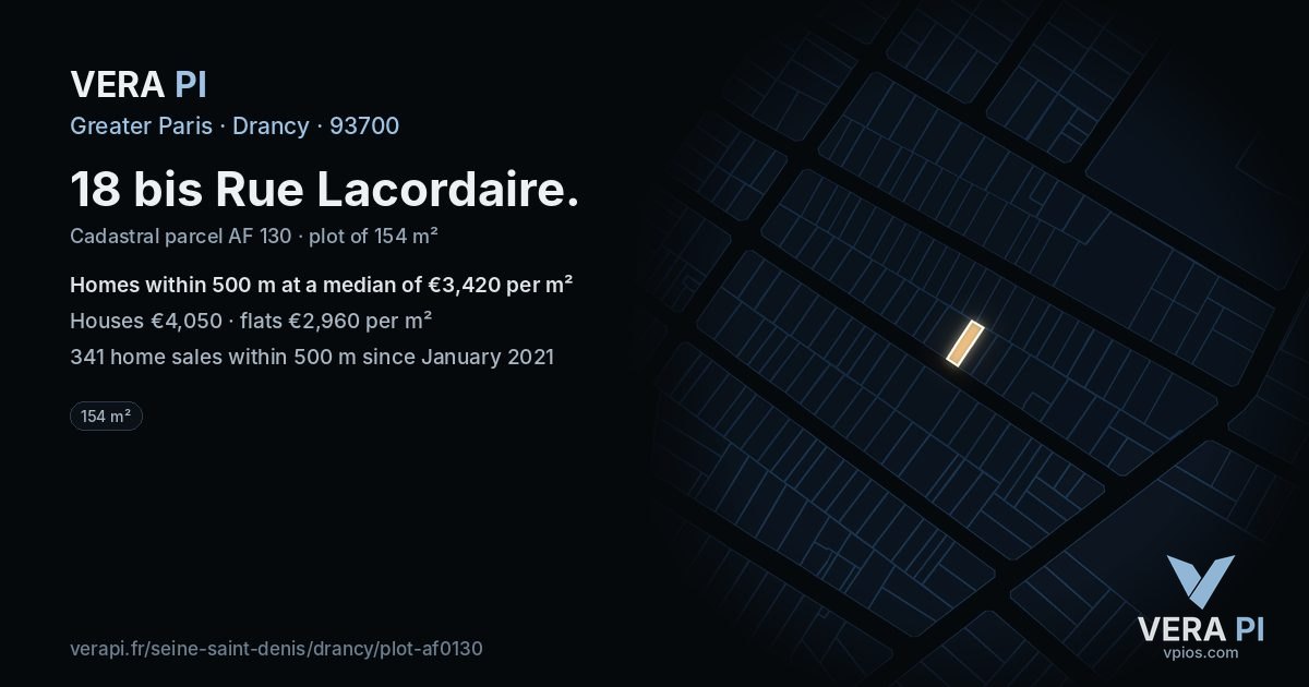 18 bis Rue Lacordaire, Drancy at night – the plot lit, the parcels around coloured by the prices near them